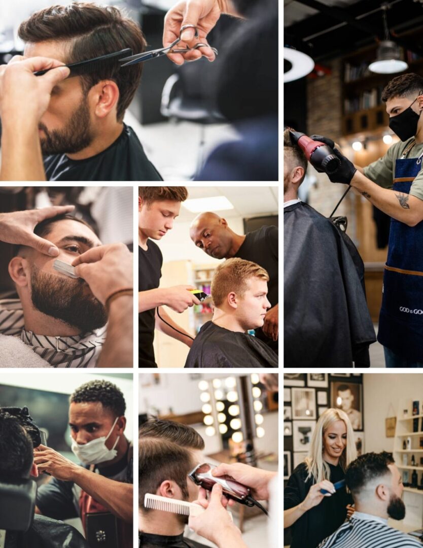 A barber skillfully cutting hair in a modern barbershop.