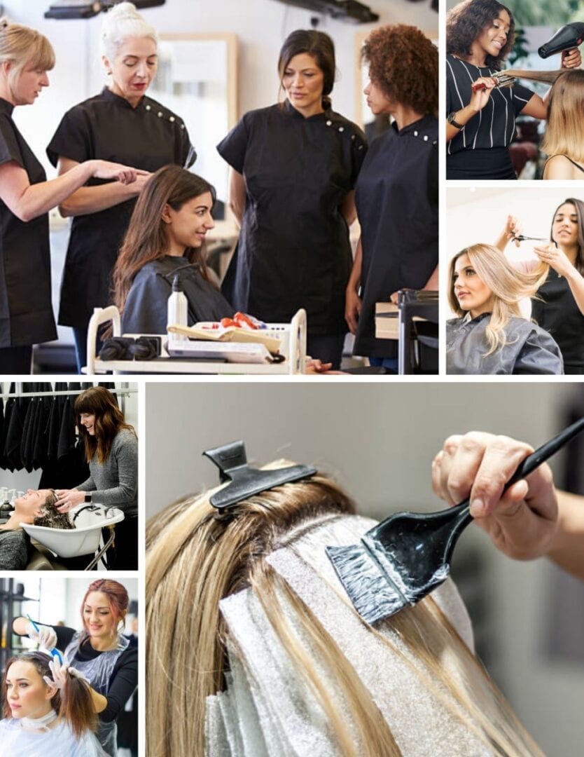 Hairdresser coloring a client's hair in a salon.